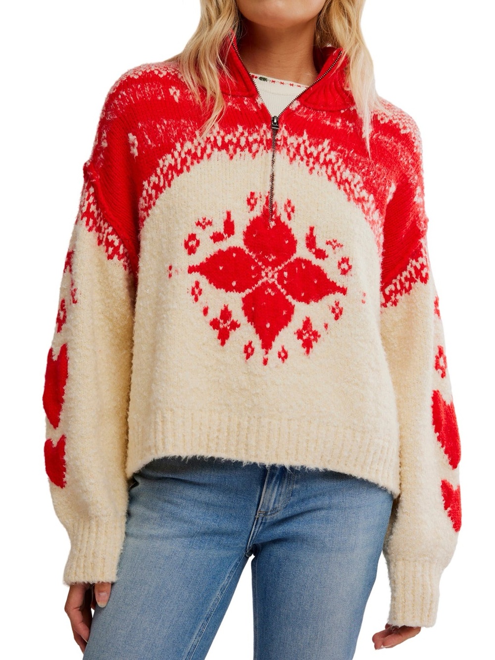 Free People Mythical Half Zip Pullover Vanilla Scarlet Combo